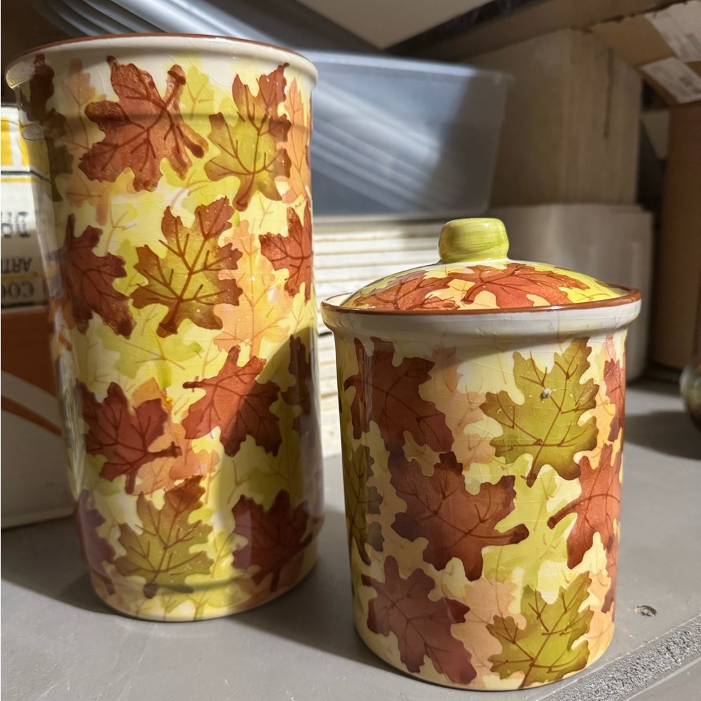 Utensil crock / vase / autumn leaves / canister / candy jar
